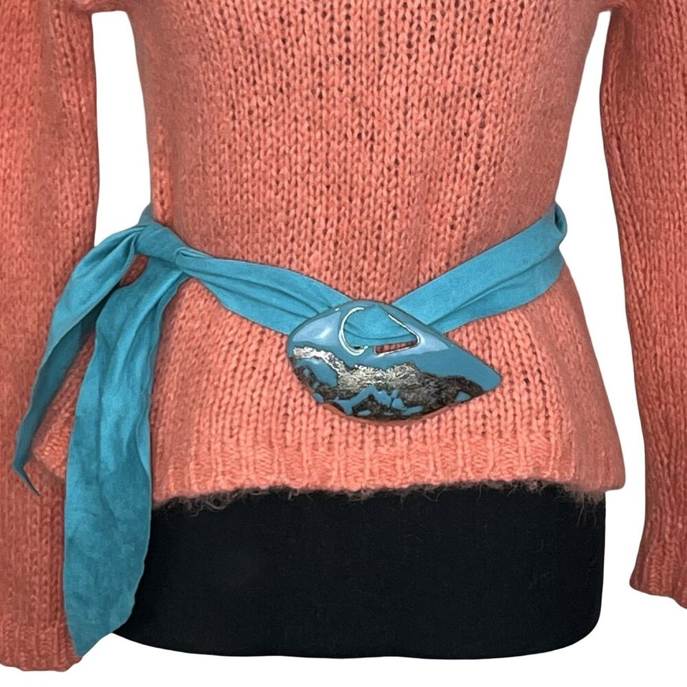 Byron Signed Copper Face Buckle Artisan Abstract Mask Belt Accent w/Teal Strap